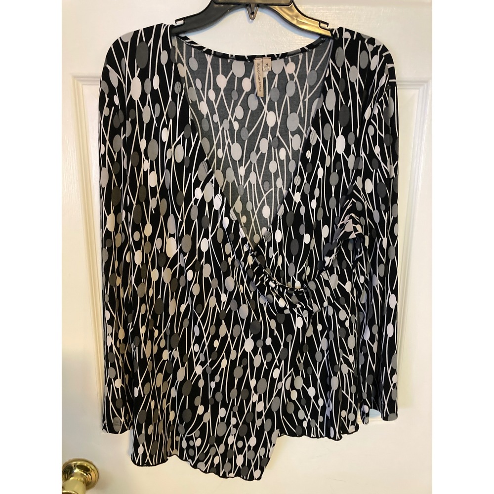Susan Lawrence Womens XL Faux Wrap Top Long Sleeve Geometric Dot Print BlackGray
